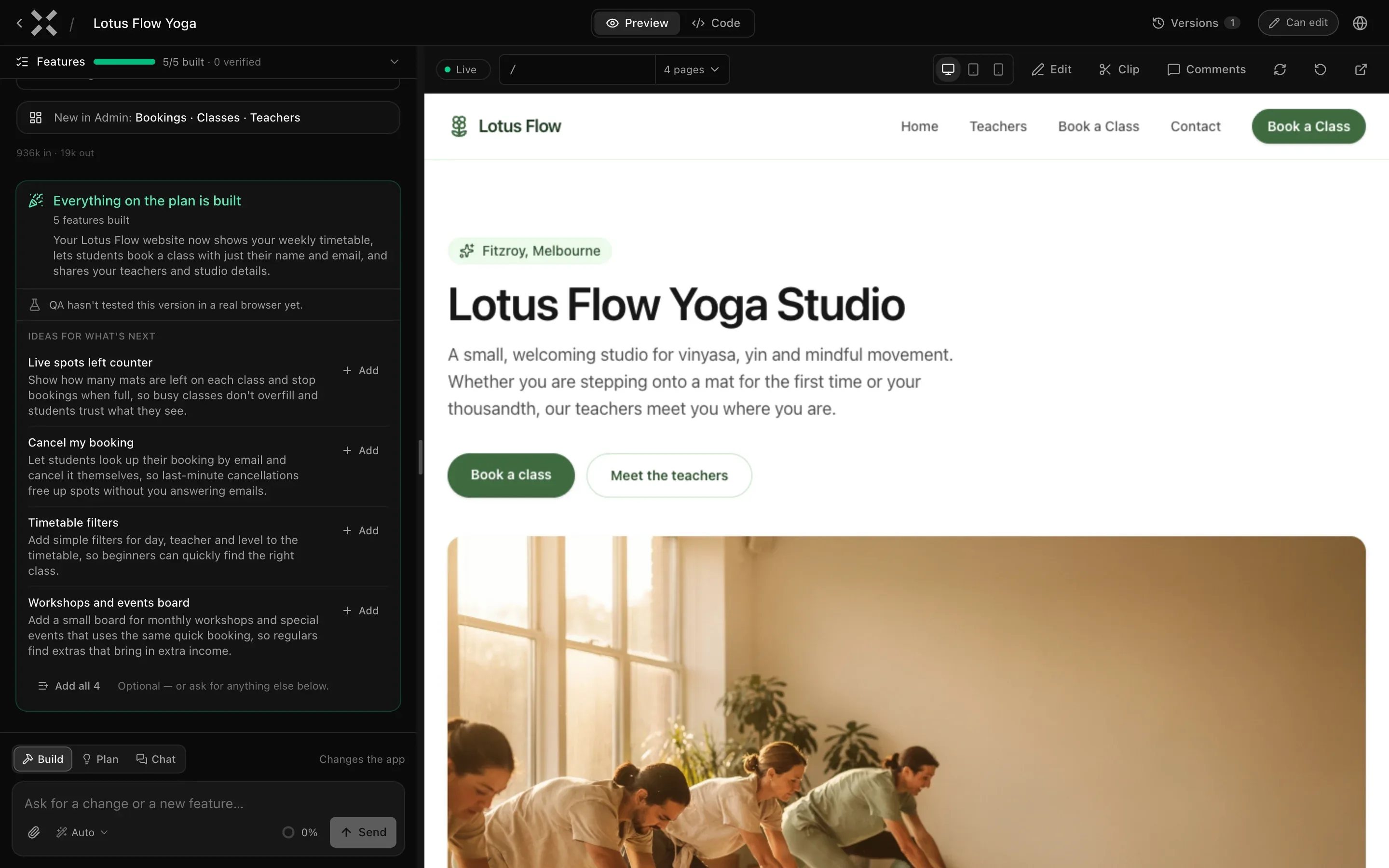 The workspace as an editor: Preview and Code tabs, Versions, a Can edit badge, the feature plan with Add buttons, Edit and Clip on the preview toolbar, and the prompt box with Build, Plan and Chat