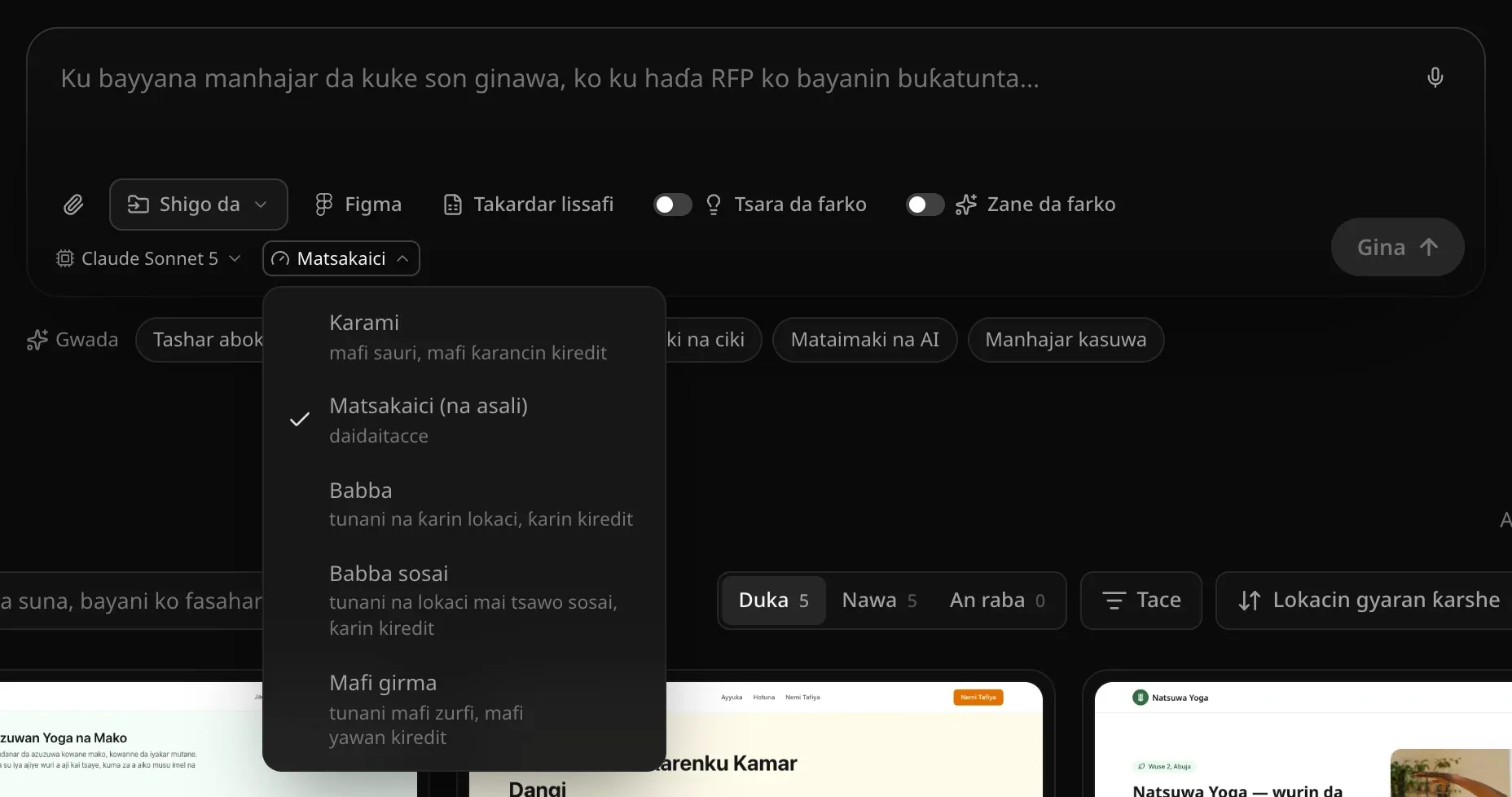 Menu na Ƙoƙari a buɗe kusa da Claude Sonnet 5: Ƙarami, Matsakaici (na asali, an zaɓa), Babba, Babba sosai da Mafi girma, kowanne da bayanin abin da yake bayarwa