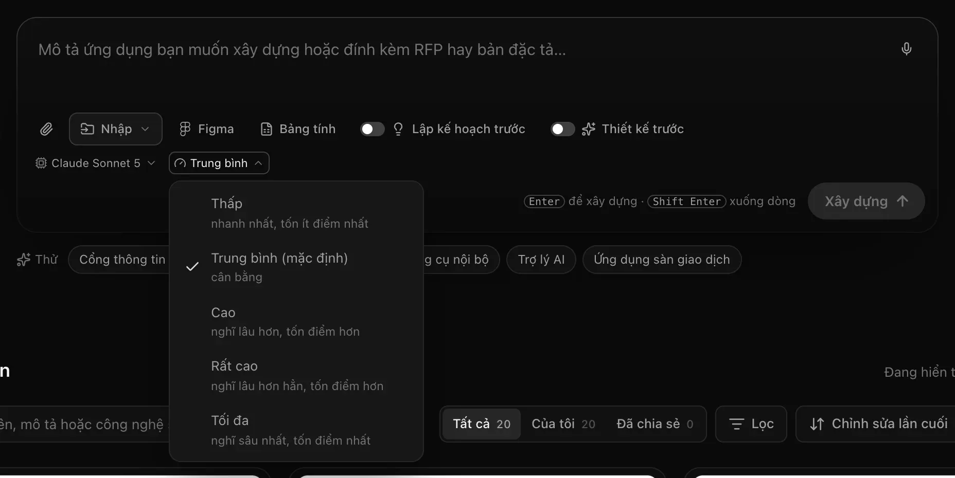 Menu mức suy luận mở cạnh Claude Sonnet 5: Thấp, Trung bình (mặc định, đã đánh dấu), Cao, Rất cao và Tối đa, mỗi mức kèm phần đánh đổi