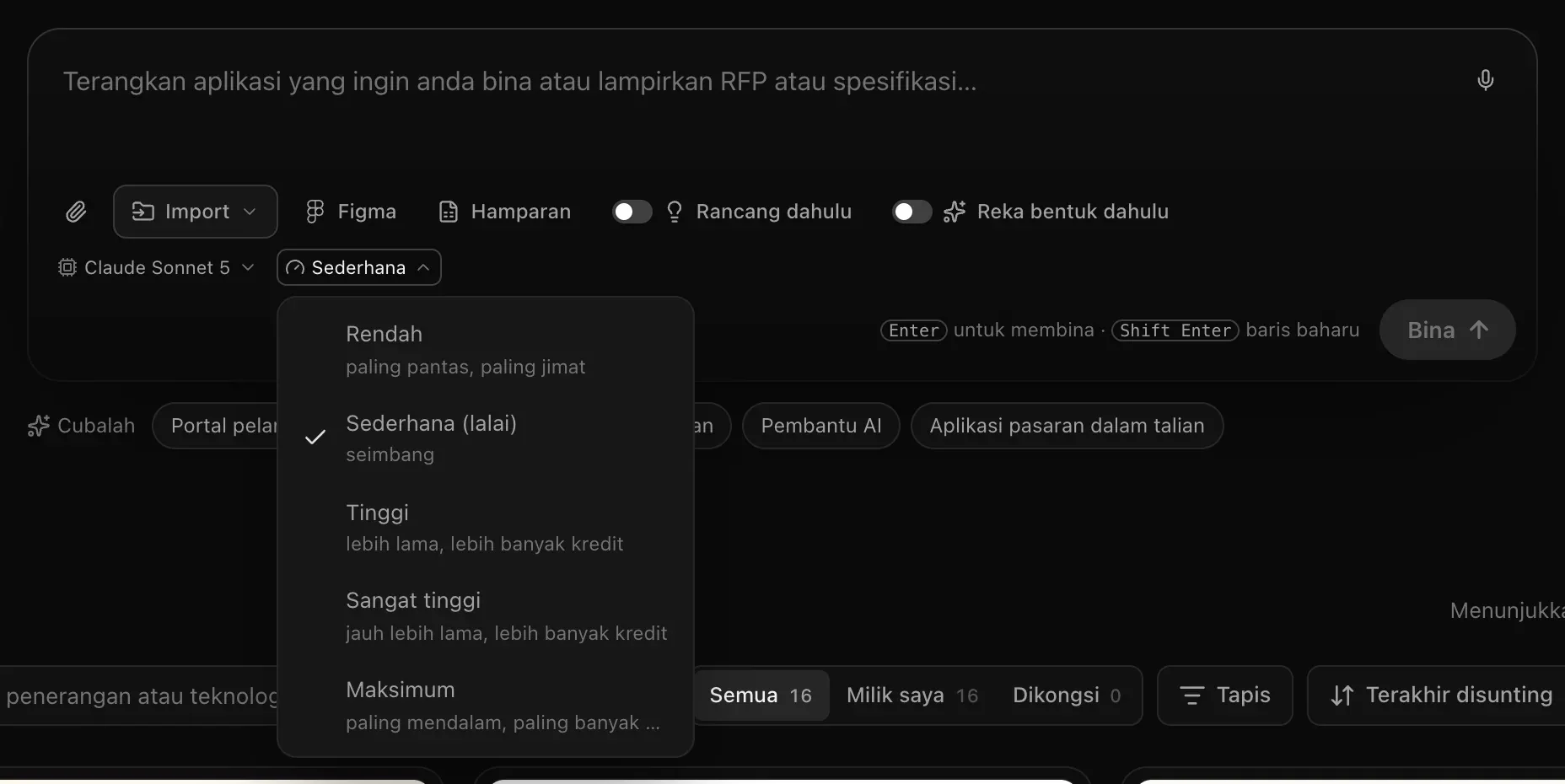 Menu usaha penaakulan terbuka di sebelah Claude Sonnet 5: Rendah, Sederhana (lalai, ditanda), Tinggi, Sangat tinggi dan Maksimum, setiap satu dengan kesannya