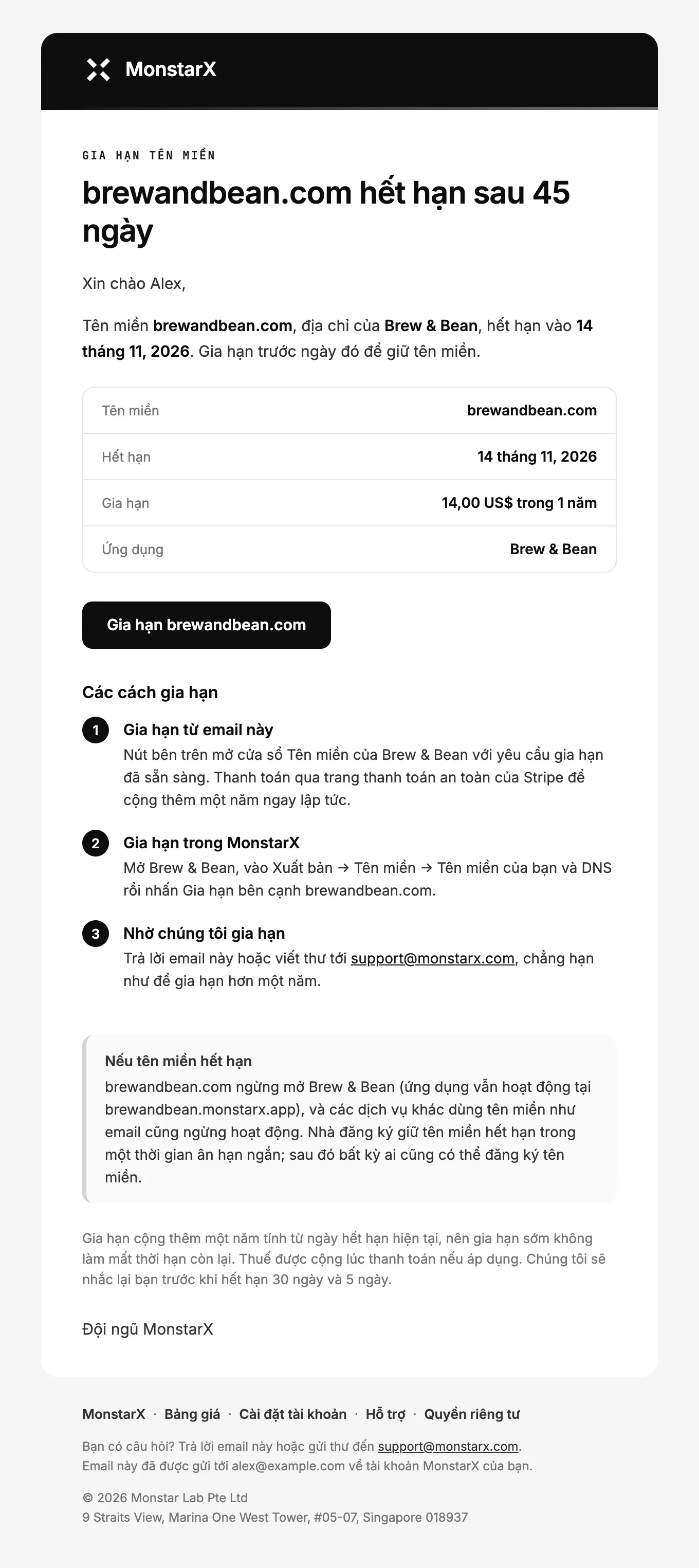 Email nhắc tên miền: brewandbean.com hết hạn sau 45 ngày, kèm tên miền, ngày hết hạn, giá gia hạn, ứng dụng, nút Gia hạn brewandbean.com và ba cách gia hạn