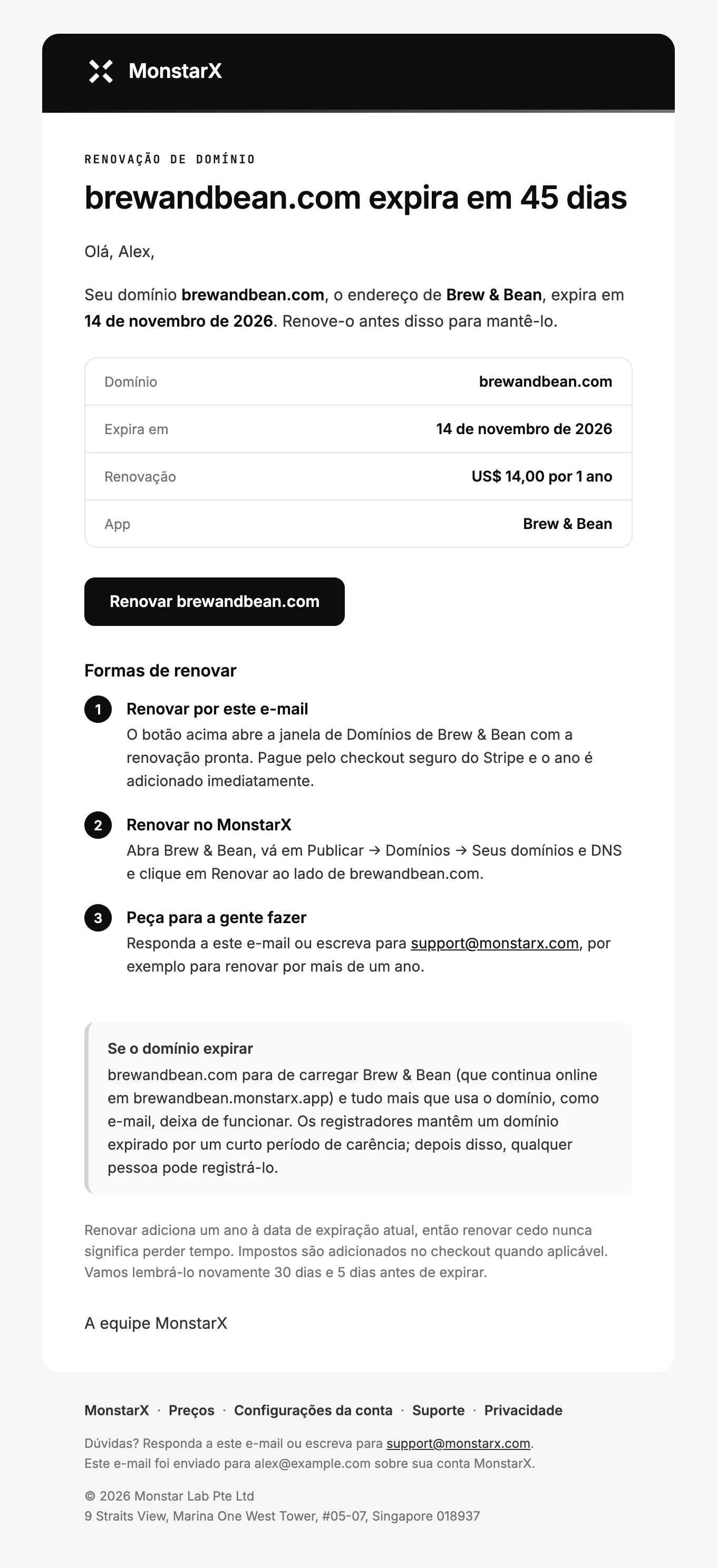 Um e-mail de lembrete de domínio: brewandbean.com expira em 45 dias, com o domínio, a data de expiração, o preço da renovação, o app, o botão Renovar brewandbean.com e três formas de renovar