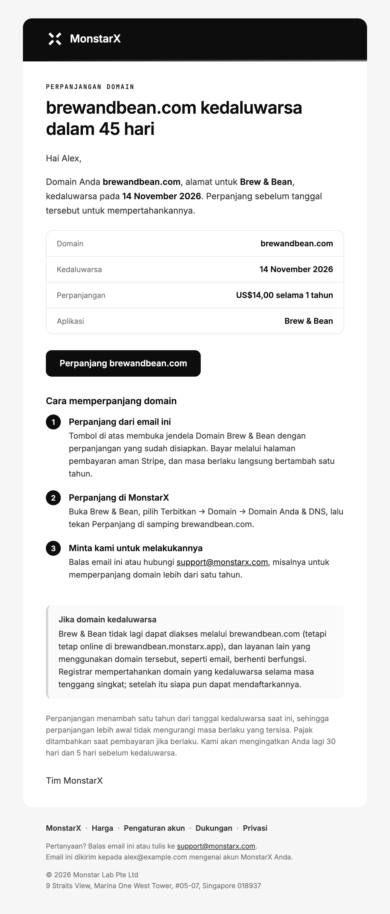Email pengingat domain: brewandbean.com kedaluwarsa dalam 45 hari, berisi domain, tanggal kedaluwarsa, harga perpanjangan, aplikasi, tombol Perpanjang brewandbean.com, dan tiga cara memperpanjang