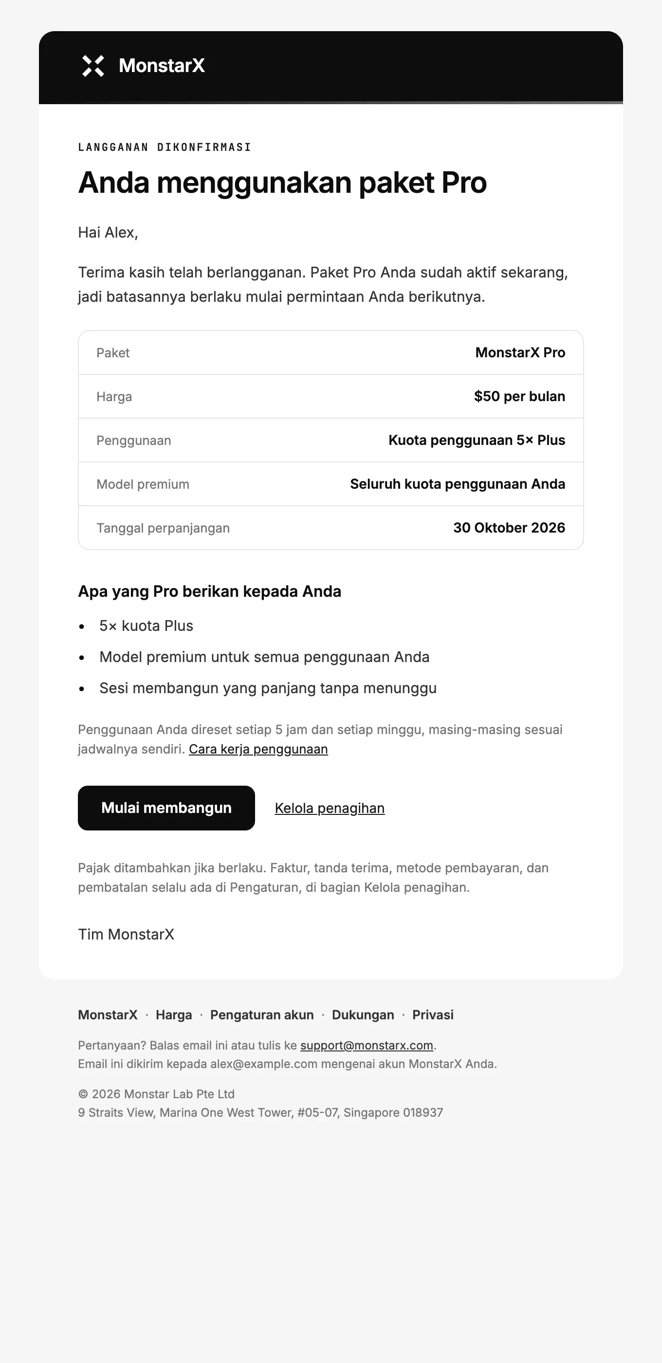 Email Selamat datang di MonstarX Pro: Anda menggunakan paket Pro, tabel berisi paket, harga, kuota penggunaan, model premium, dan tanggal perpanjangan, apa yang diberikan Pro, batas Anda, serta tombol Mulai membangun dan Kelola penagihan