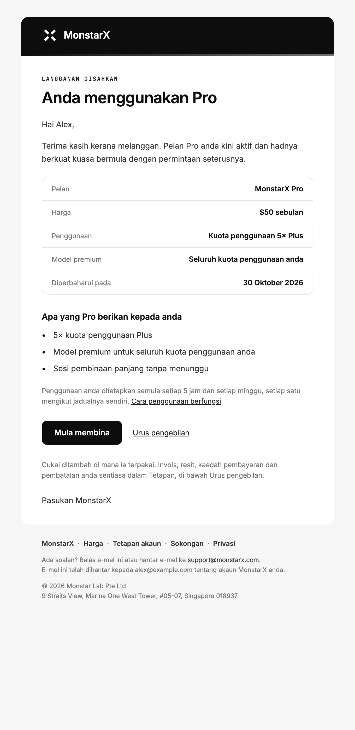 E-mel Selamat datang ke MonstarX Pro: Anda menggunakan Pro, jadual pelan, harga, penggunaan, model premium dan tarikh pembaharuan, apa yang diberikan oleh Pro, had anda, serta butang Mula membina dan Urus pengebilan