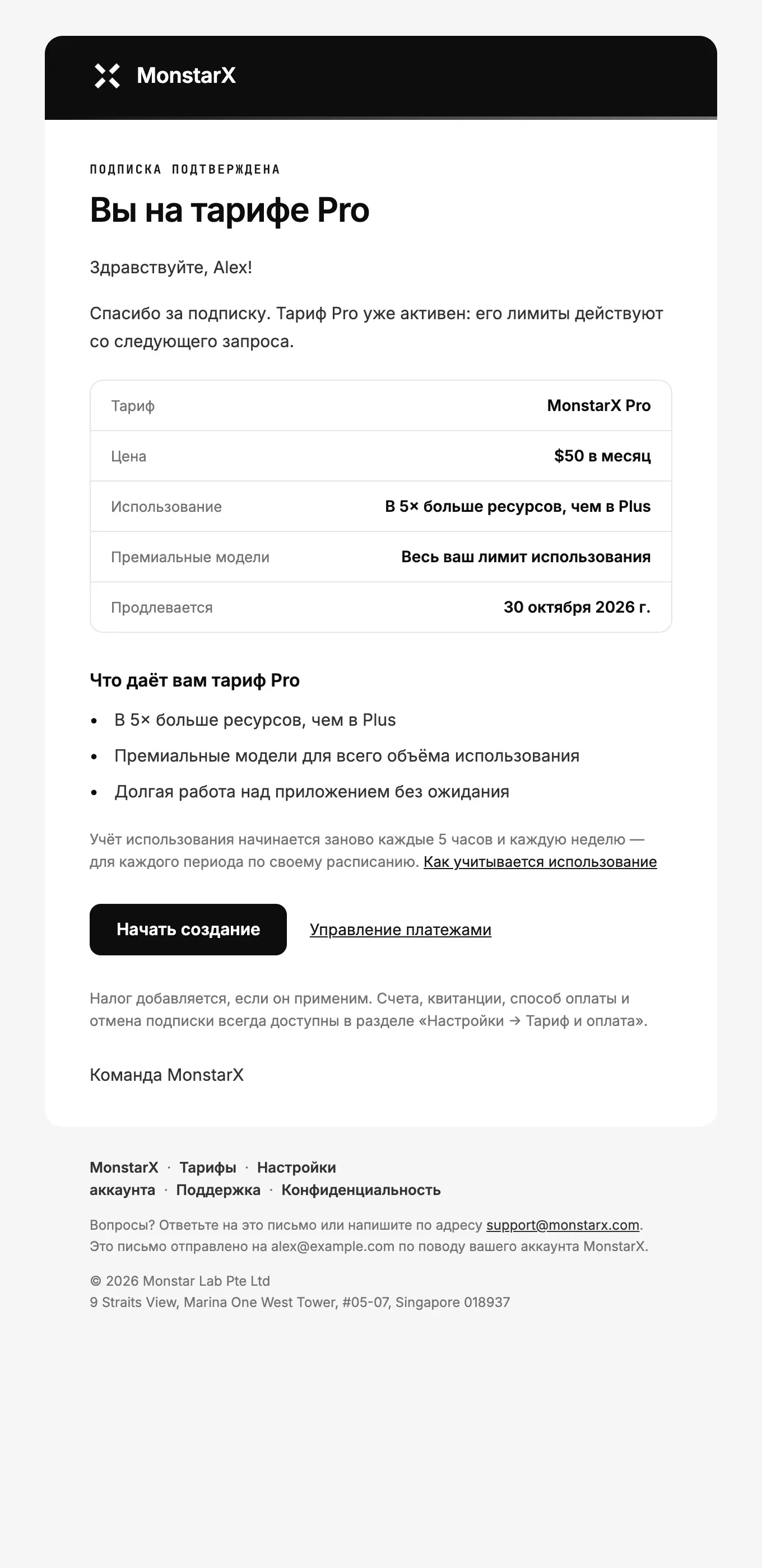 Письмо «Добро пожаловать в MonstarX Pro»: «Вы на тарифе Pro», таблица с тарифом, ценой, лимитами, премиальными моделями и датой продления, что даёт тариф Pro, ваши лимиты и кнопки «Начать создание» и «Управление платежами»