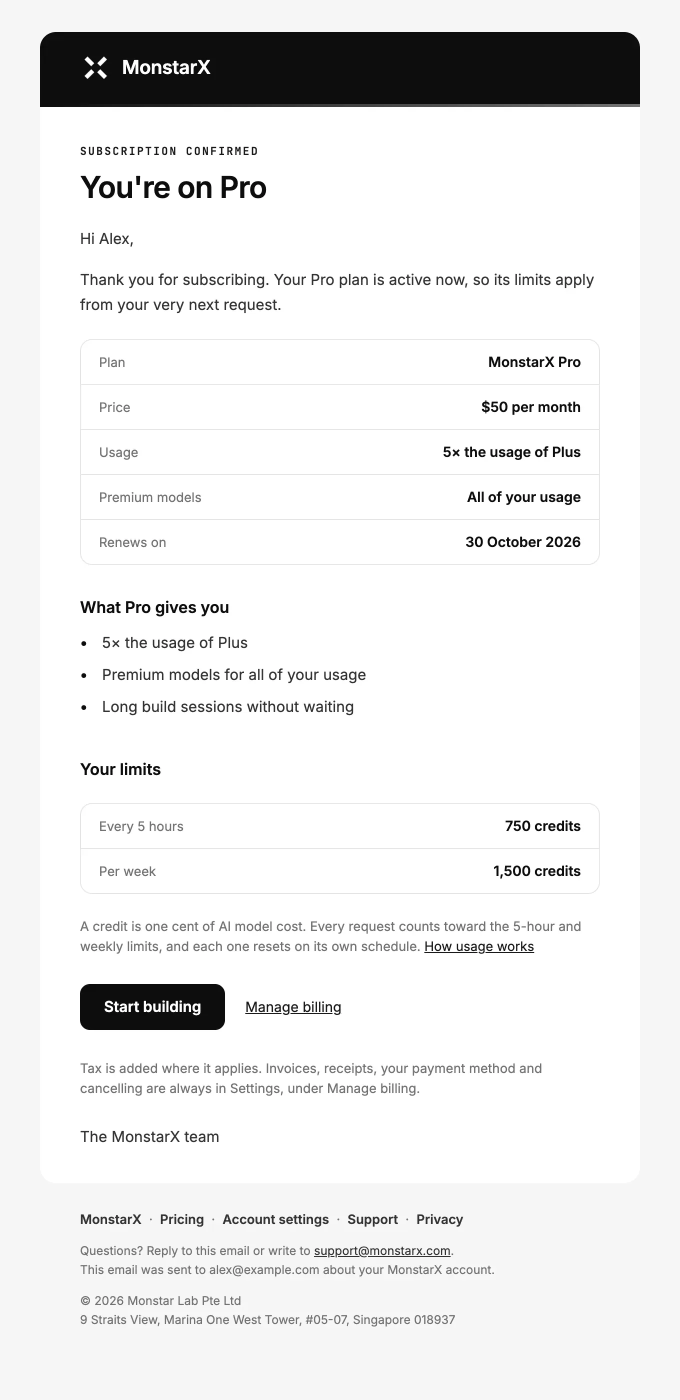 The Welcome to MonstarX Pro email: You're on Pro, a table with plan, price, usage, premium models and renewal date, what Pro gives you, your limits, and Start building and Manage billing buttons