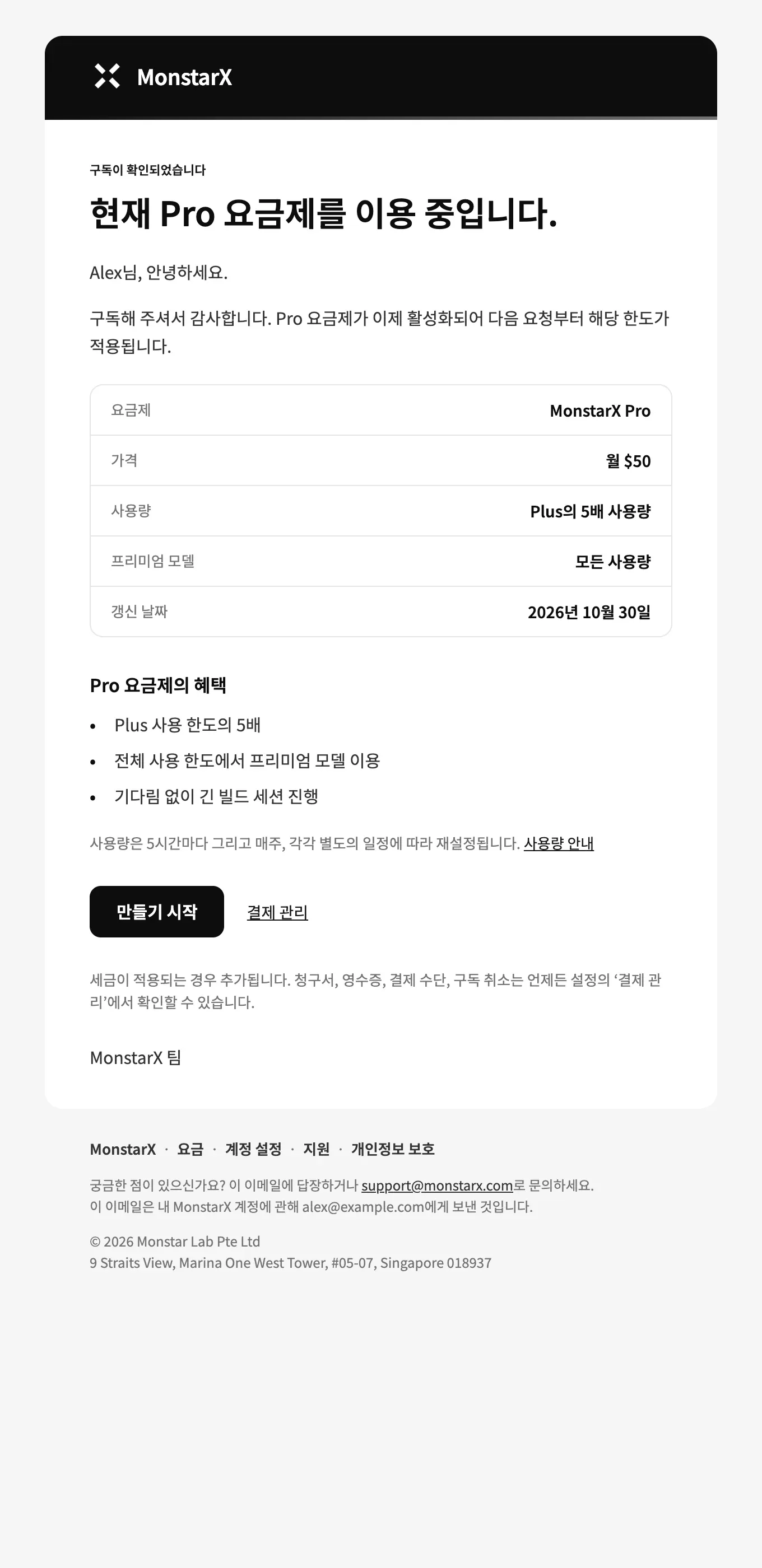‘MonstarX Pro에 오신 것을 환영합니다’ 이메일. ‘현재 Pro 요금제를 이용 중입니다.’ 아래에 요금제, 가격, 사용량, 프리미엄 모델, 갱신일 표와 Pro 혜택, 사용 한도, 만들기 시작 버튼과 결제 관리 버튼이 있습니다.