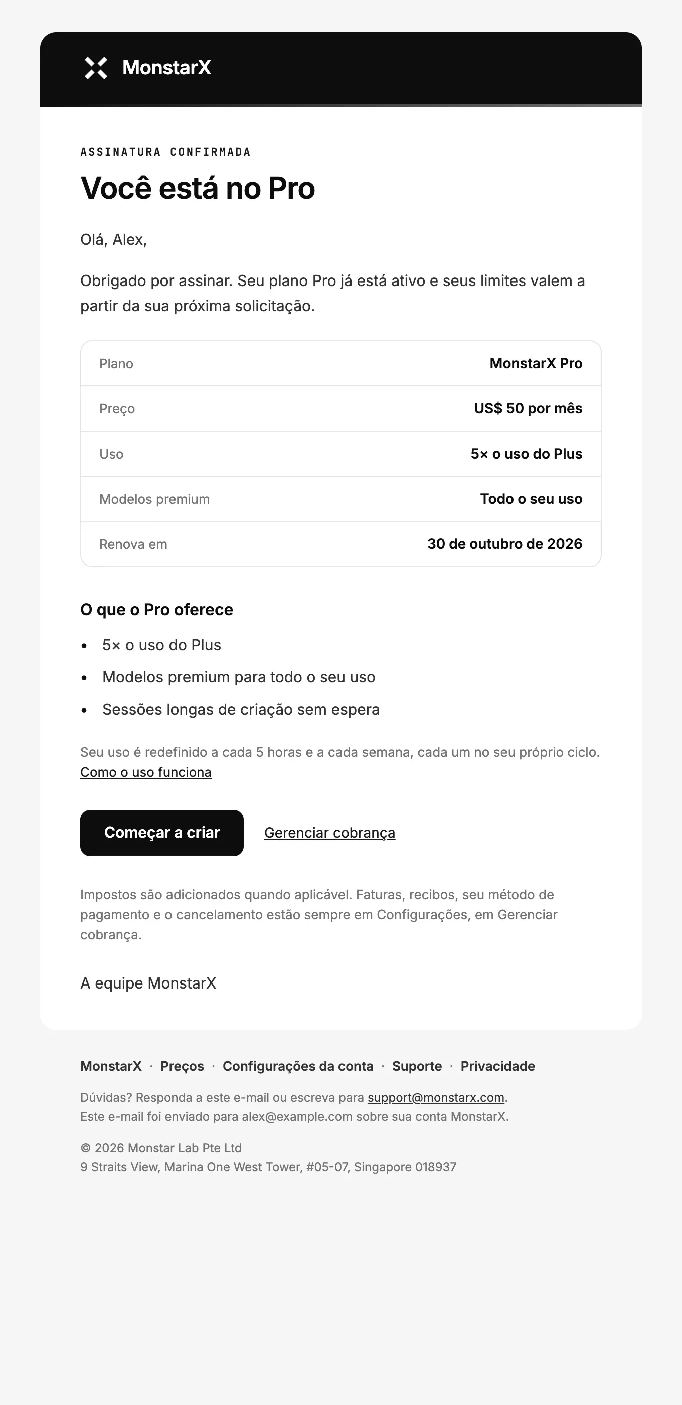O e-mail Assinatura confirmada: Você está no Pro, uma tabela com plano, preço (US$ 50 por mês), uso, modelos premium e data de renovação, o que o Pro oferece, como o uso é redefinido e os botões Começar a criar e Gerenciar cobrança