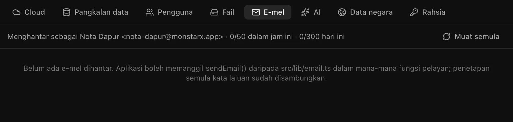 Backend, E-mel: menghantar sebagai Nota Dapur nota-dapur@monstarx.app, 0 daripada 50 dalam jam ini dan 0 daripada 300 hari ini, serta nota bahawa belum ada e-mel dihantar