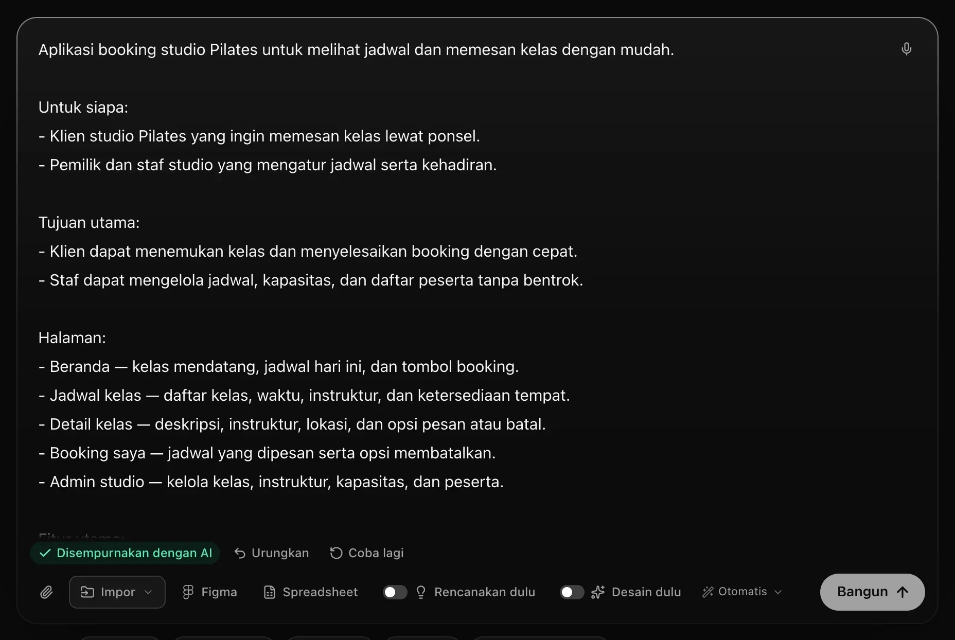 Permintaan hasil tulis ulang di kotak — kalimat pembuka, Untuk siapa, Tujuan utama, dan Halaman — dengan Disempurnakan dengan AI, Urungkan, dan Coba lagi di bawahnya