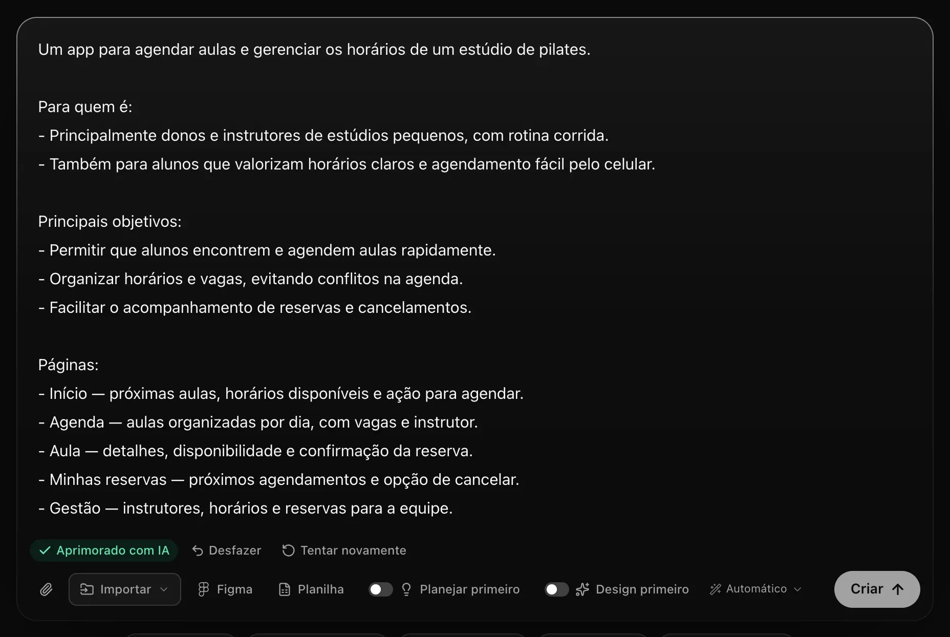 A solicitação reescrita na caixa — uma frase de abertura, Para quem é, Principais objetivos e Páginas — com Aprimorado com IA, Desfazer e Tentar novamente logo abaixo