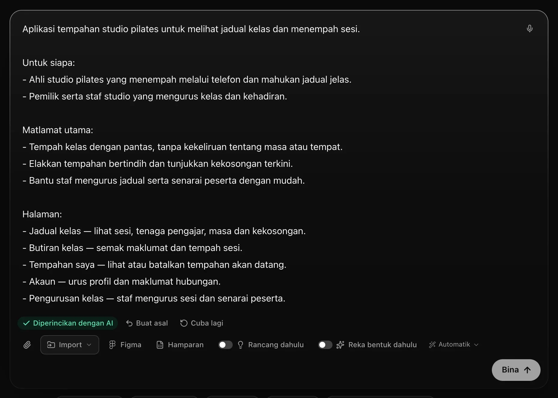 Permintaan yang ditulis semula dalam kotak — ayat pembuka, bahagian untuk siapa, matlamat utama dan halaman — dengan Diperincikan dengan AI, Buat asal dan Cuba lagi di bawahnya