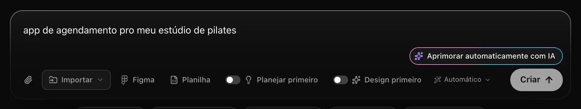 A caixa de texto com app de agendamento pro meu estúdio de pilates digitado e o botão Aprimorar automaticamente com IA no canto