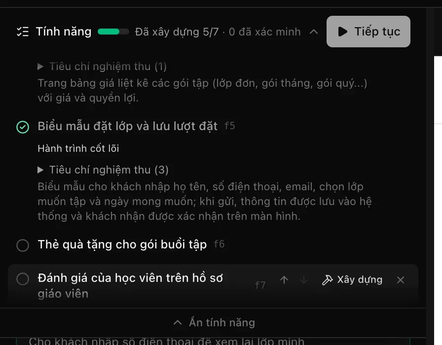 Kế hoạch với hai tính năng cần làm mới ở cuối, Thẻ quà tặng cho gói buổi tập và Đánh giá của học viên trên hồ sơ giáo viên, Đã xây dựng 5/7, nút Tiếp tục trên thanh, và các nút mũi tên, Xây dựng và xóa cạnh tính năng cuối cùng