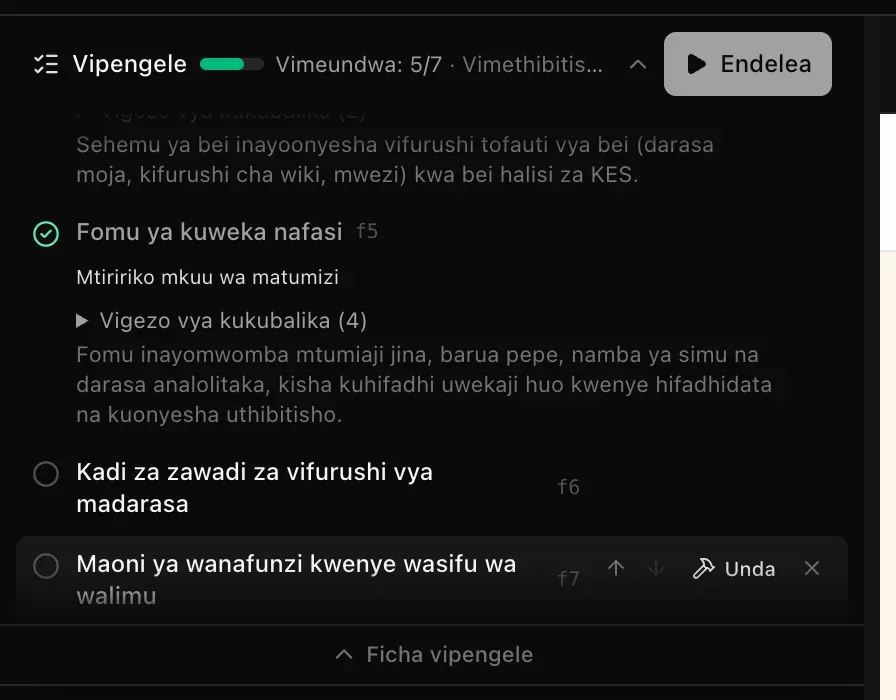 Mpango wenye vipengele viwili vipya vya kufanya chini, kadi za zawadi za vifurushi vya madarasa na maoni ya wanafunzi kwenye wasifu wa walimu, Vimeundwa: 5/7, kitufe cha Endelea kwenye upau, na mishale, Unda na kitufe cha kuondoa kando ya kipengele cha mwisho