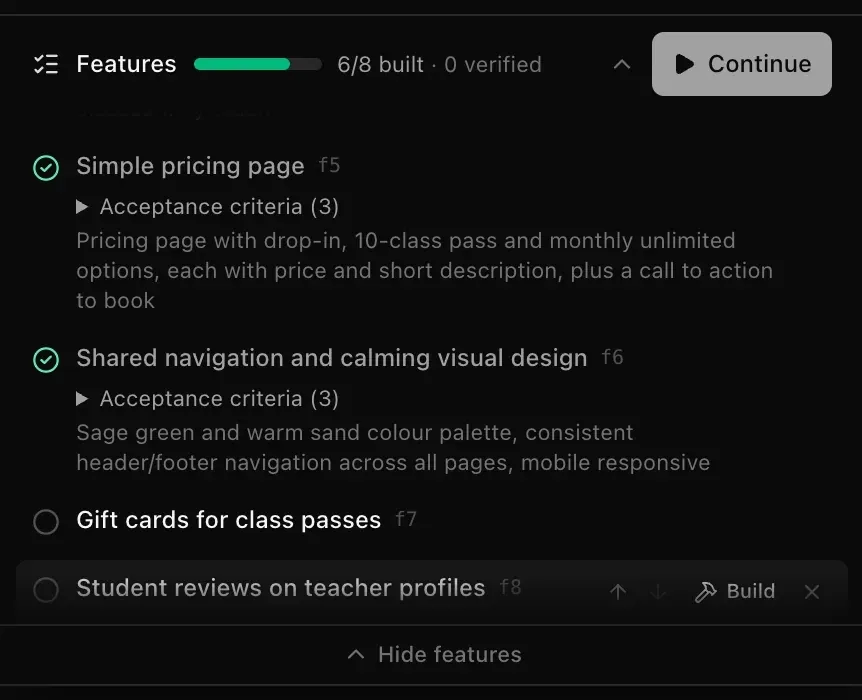 The plan with two new to-do features at the bottom, 6/8 built, a Continue button in the bar, and arrows, Build and remove buttons beside the last feature