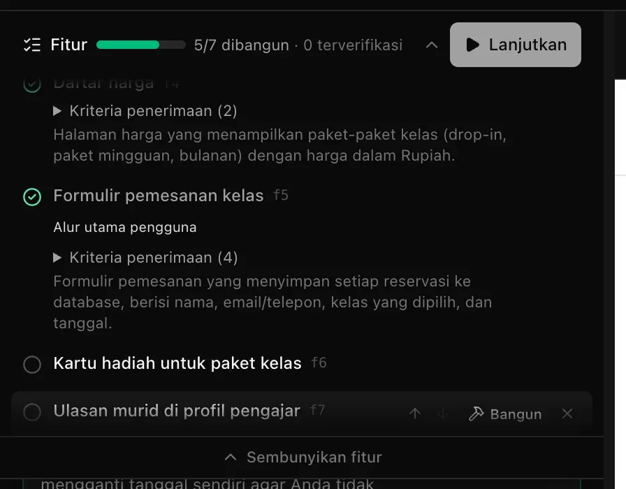 Rencana dengan dua fitur baru yang belum dikerjakan di bagian bawah, Kartu hadiah untuk paket kelas dan Ulasan murid di profil pengajar, 5/7 dibangun, tombol Lanjutkan di bilah, serta tombol panah, Bangun, dan hapus di samping fitur terakhir