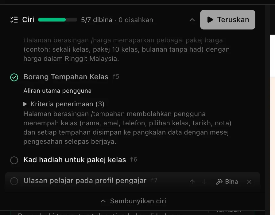 Rancangan dengan dua ciri baharu yang belum dibuat di bahagian bawah, Kad hadiah untuk pakej kelas dan Ulasan pelajar pada profil pengajar, 5/7 dibina, butang Teruskan dalam bar, serta anak panah, butang Bina dan butang alih keluar di sebelah ciri terakhir