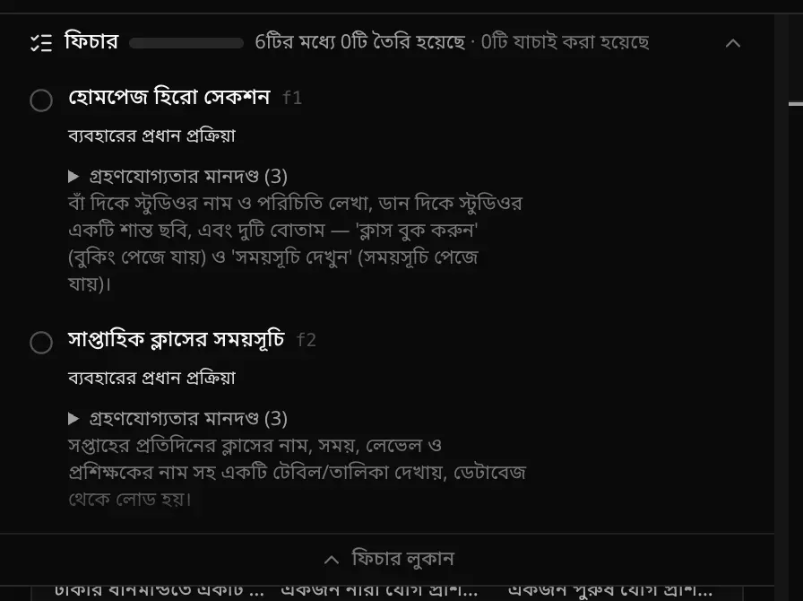 তৈরি চলার সময় খোলা ফিচারের পরিকল্পনা: 6টির মধ্যে 0টি তৈরি হয়েছে, বাকি থাকা হোমপেজ হিরো সেকশন আর সাপ্তাহিক ক্লাসের সময়সূচি; প্রতিটিতে ব্যবহারের প্রধান প্রক্রিয়া চিহ্ন আর তিনটি গ্রহণযোগ্যতার মানদণ্ড