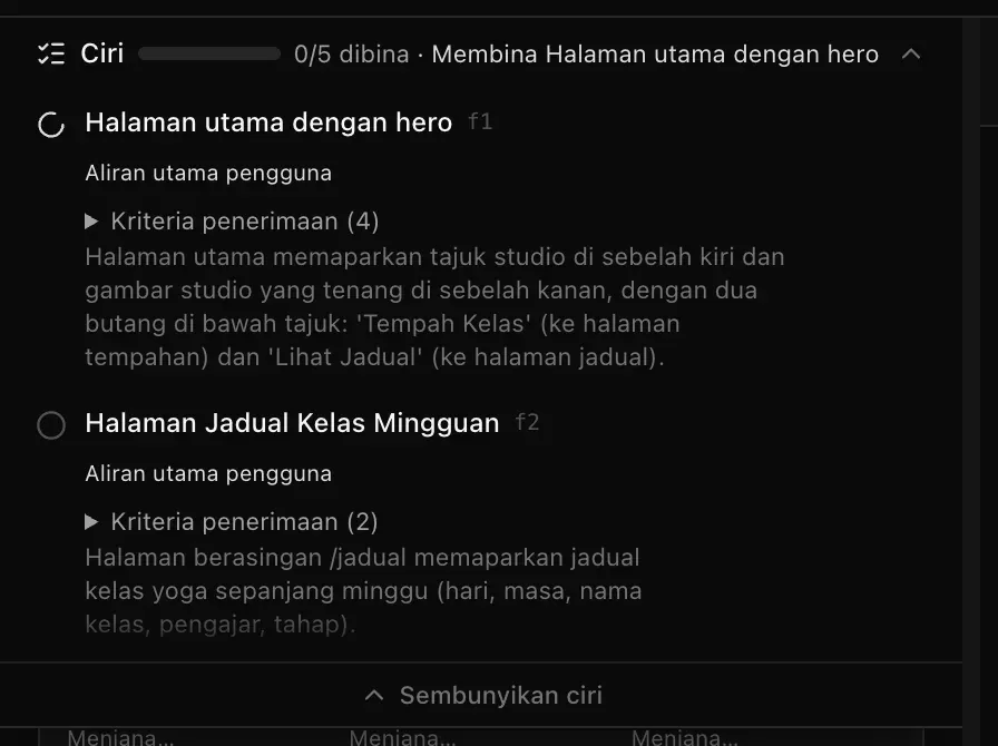 Rancangan ciri yang dibuka semasa binaan, dengan 0/5 dibina · Membina Halaman utama dengan hero: ciri Halaman utama dengan hero sedang dibina dengan ikon berputar, dan Halaman Jadual Kelas Mingguan masih belum dibuat, setiap satu ditandakan Aliran utama pengguna dengan kriteria penerimaannya