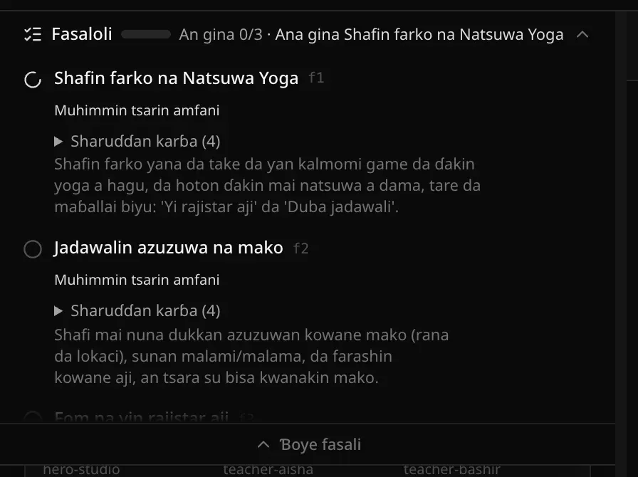 Tsarin fasali a buɗe yayin gini, An gina 0/3: Shafin farko na Natsuwa Yoga ana kan gina shi tare da alamar juyawa, Jadawalin azuzuwa na mako har yanzu ba a yi ba, kowanne da alamar Muhimmin tsarin amfani da sharuɗɗan karɓa huɗu