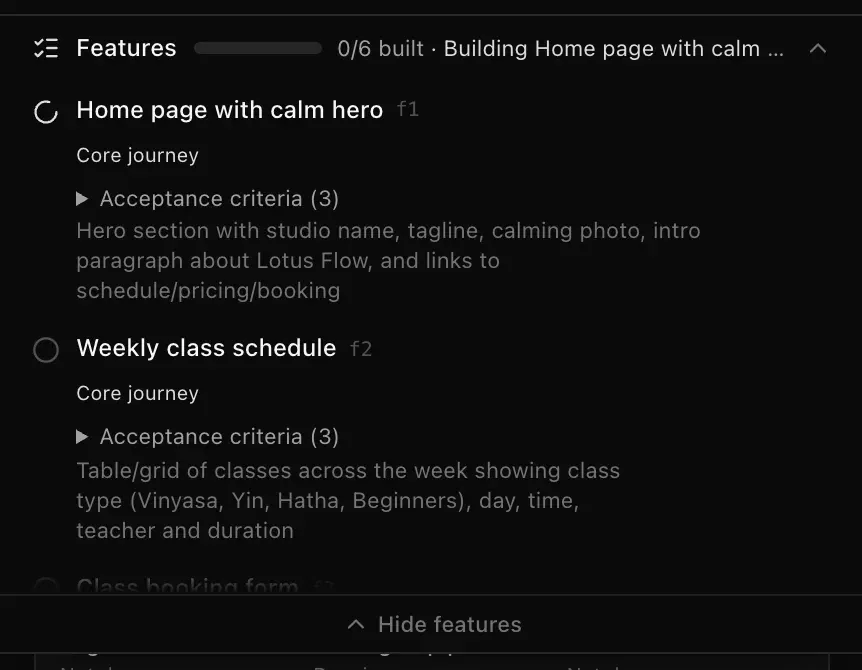 The open feature plan during a build: Home page with calm hero in progress with a spinner, and Weekly class schedule still to do, each marked Core journey with three acceptance criteria