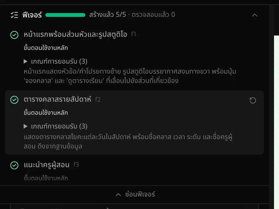แผนที่เสร็จแล้วพร้อมเครื่องหมายถูกสีเขียว สร้างแล้ว 5/5 และลูกศรเปิดใหม่อีกครั้งที่แสดงข้างตารางคลาสรายสัปดาห์ใต้ตัวชี้เมาส์