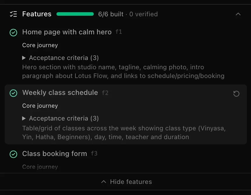 The finished plan with green ticks, and the Reopen arrow shown beside Weekly class schedule under the pointer