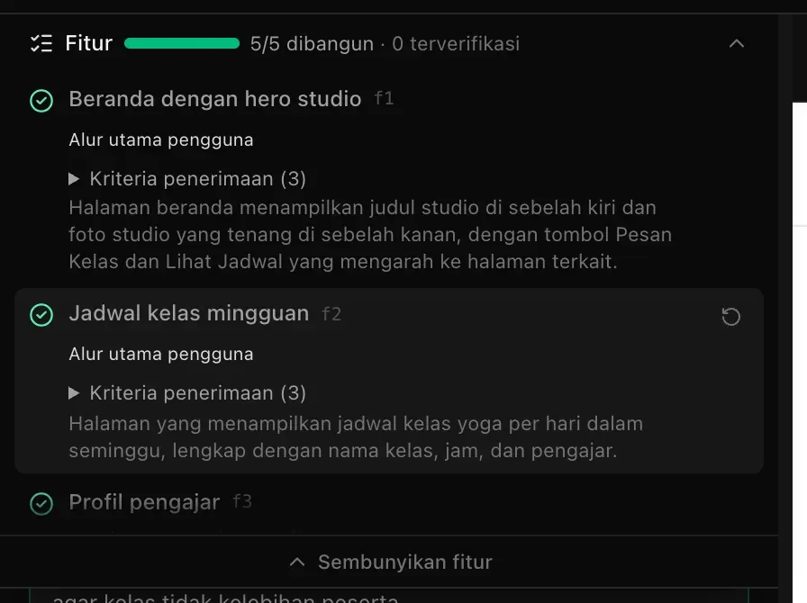 Rencana yang sudah selesai dengan centang hijau, dan panah Buka kembali tampil di samping Jadwal kelas mingguan di bawah kursor