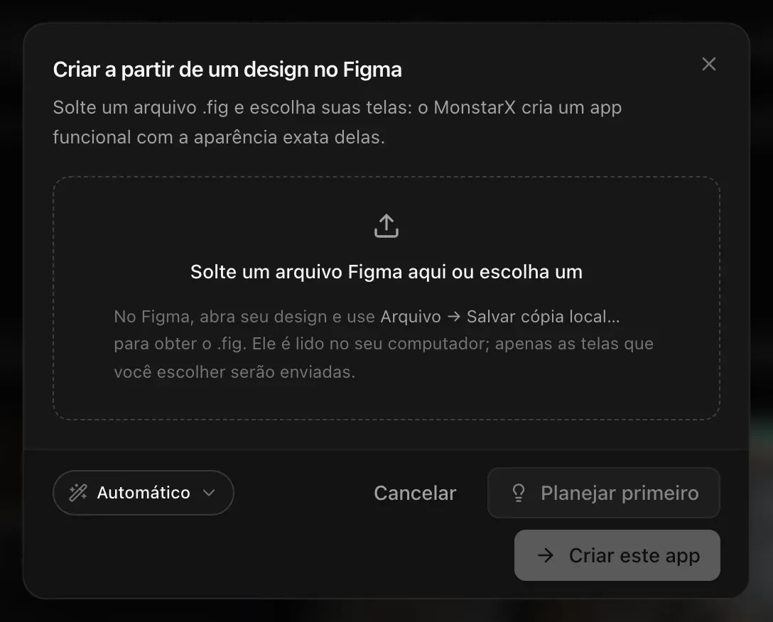 Criar a partir de um design no Figma: Solte um arquivo Figma aqui ou escolha um, com a dica para usar Arquivo → Salvar cópia local… no Figma