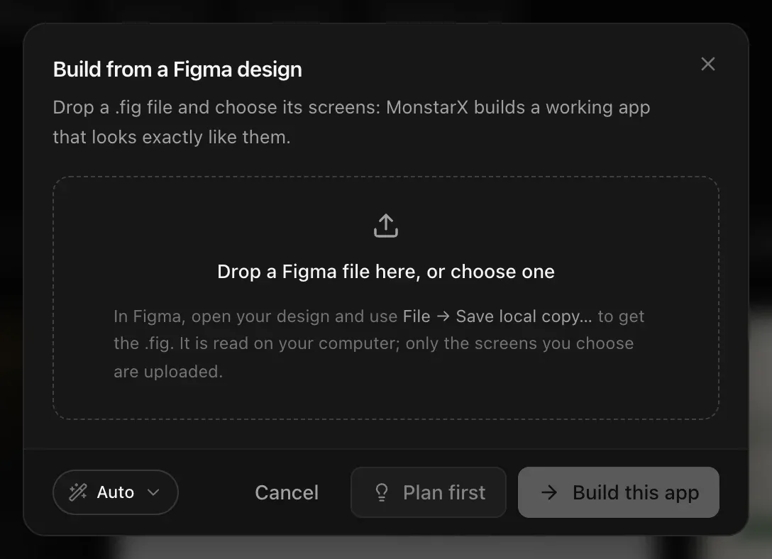 Build from a Figma design: Drop a Figma file here, or choose one, with the hint to use File → Save local copy… in Figma