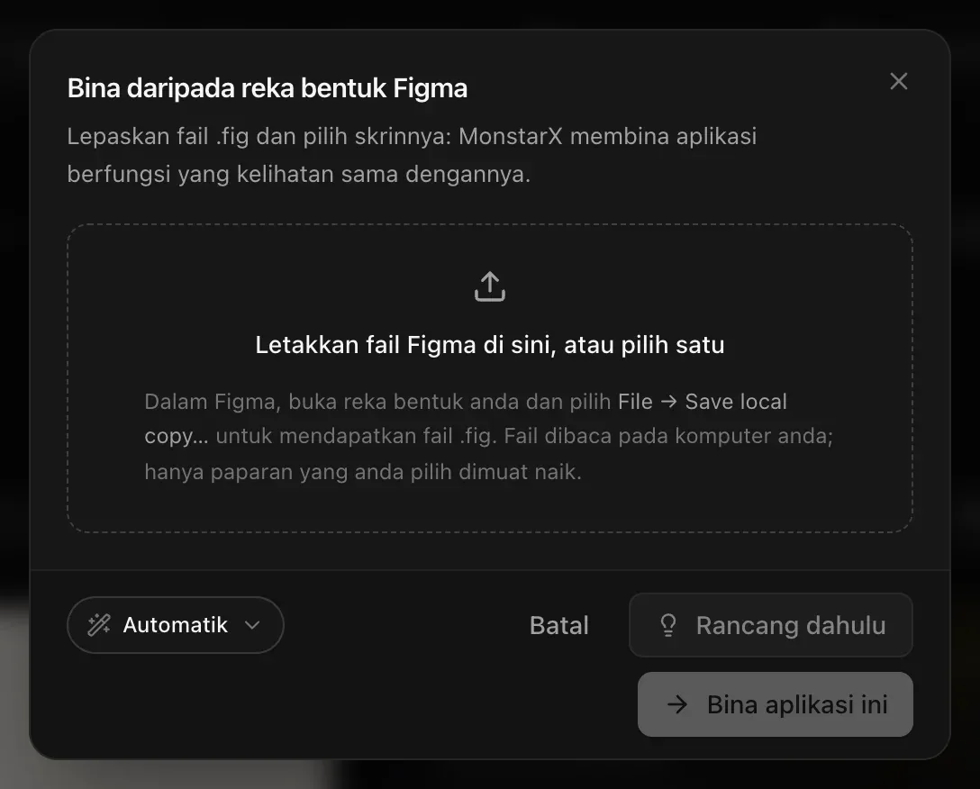 Bina daripada reka bentuk Figma: Letakkan fail Figma di sini, atau pilih satu, dengan petunjuk supaya menggunakan File → Save local copy… dalam Figma