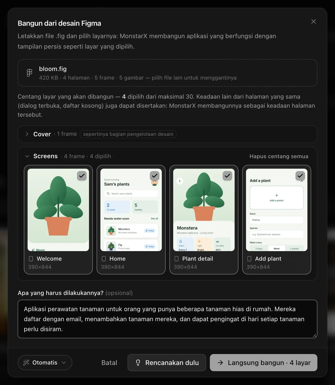 bloom.fig terbaca: 420 KB · 4 halaman · 5 frame · 5 gambar. Halaman sampul tertutup dengan keterangan sepertinya bagian pengelolaan desain; halaman layar dengan empat layar aplikasi perawatan tanaman tercentang (masing-masing 390×844); catatan tentang aplikasi perawatan tanaman; serta Otomatis, Batal, Rencanakan dulu, dan Langsung bangun · 4 layar
