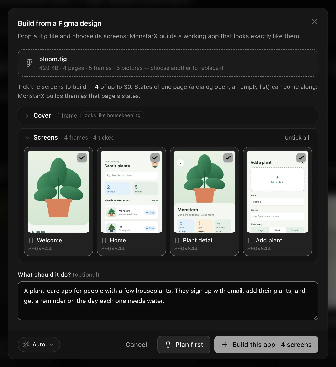 bloom.fig read: 420 KB · 4 pages · 5 frames · 5 pictures. The Cover page folded as looks like housekeeping; Screens with Welcome, Home, Plant detail and Add plant ticked (390×844 each); a note about a plant-care app; and Auto, Cancel, Plan first and Build this app · 4 screens