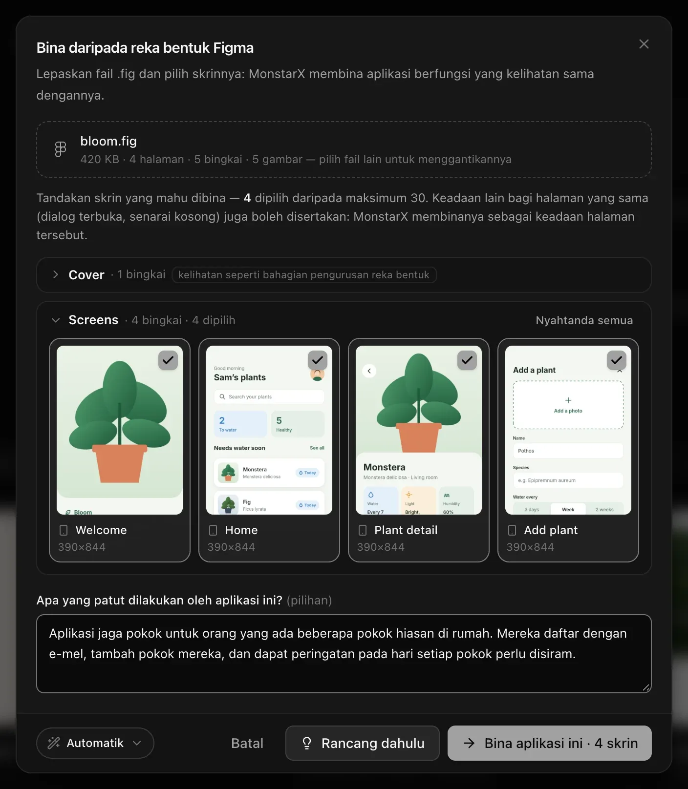Fail reka bentuk aplikasi penjagaan tumbuhan sudah dibaca: 420 KB · 4 halaman · 5 bingkai · 5 gambar. Halaman kulit depan dilipat kerana kelihatan seperti bahagian pengurusan reka bentuk; halaman skrin dengan empat skrin aplikasi ditanda (390×844 setiap satu); nota tentang aplikasi penjagaan tumbuhan; serta Automatik, Batal, Rancang dahulu dan Bina aplikasi ini · 4 skrin
