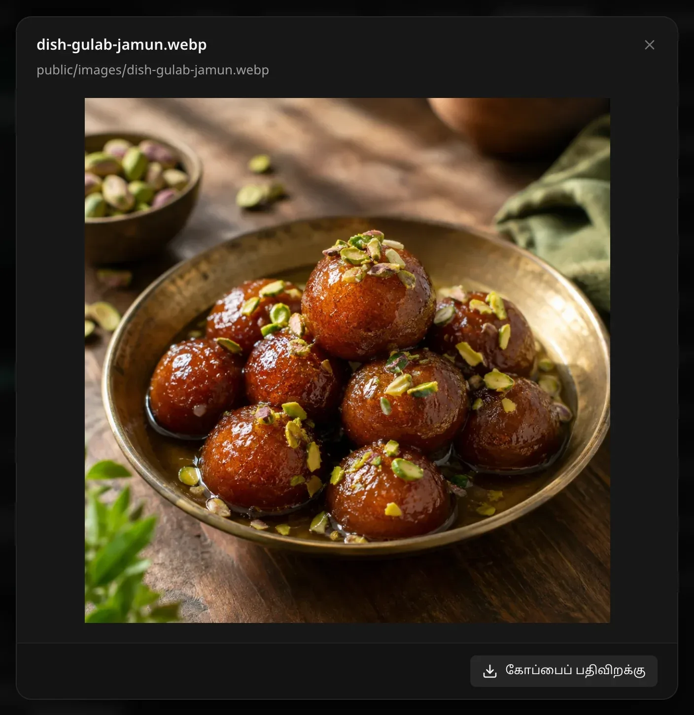 குலாப் ஜாமூன் படம் dish-gulab-jamun.webp-இன் முன்னோட்டம்; public/images என்பதன் கீழ் உள்ள அதன் சேமிப்புப் பாதை, “கோப்பைப் பதிவிறக்கு” பொத்தான்