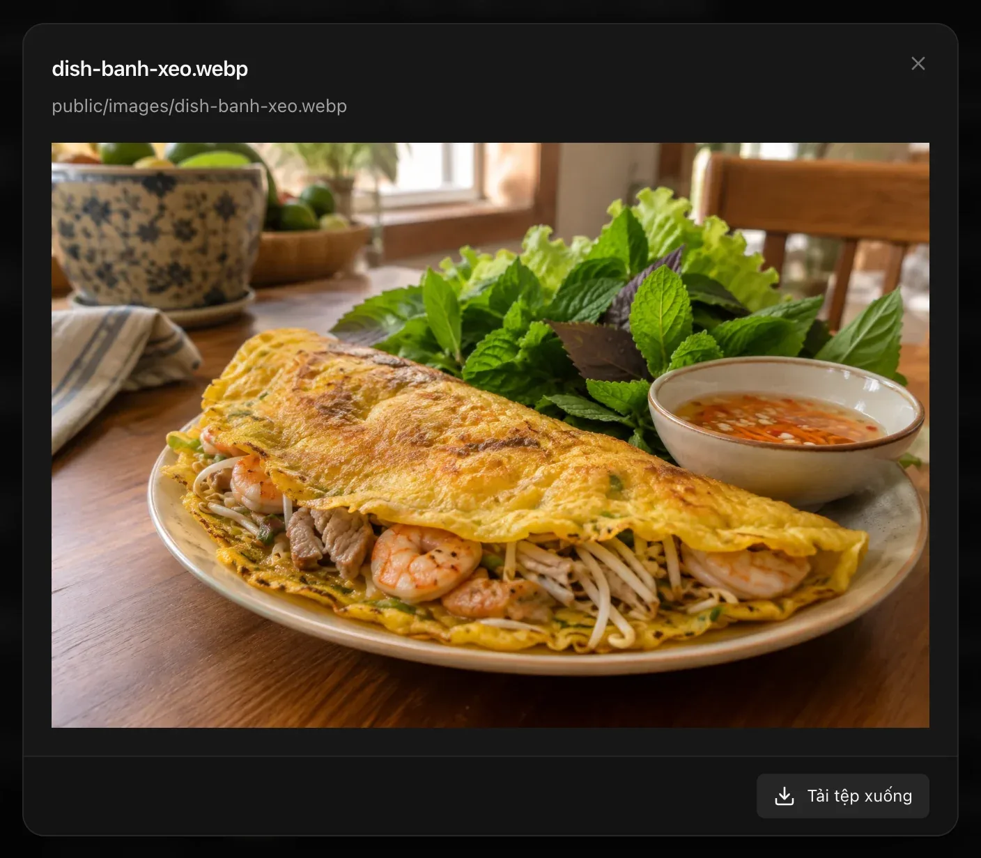 Bản xem trước ảnh bánh xèo dish-banh-xeo.webp, kèm đường dẫn lưu trữ trong public/images và nút Tải tệp xuống