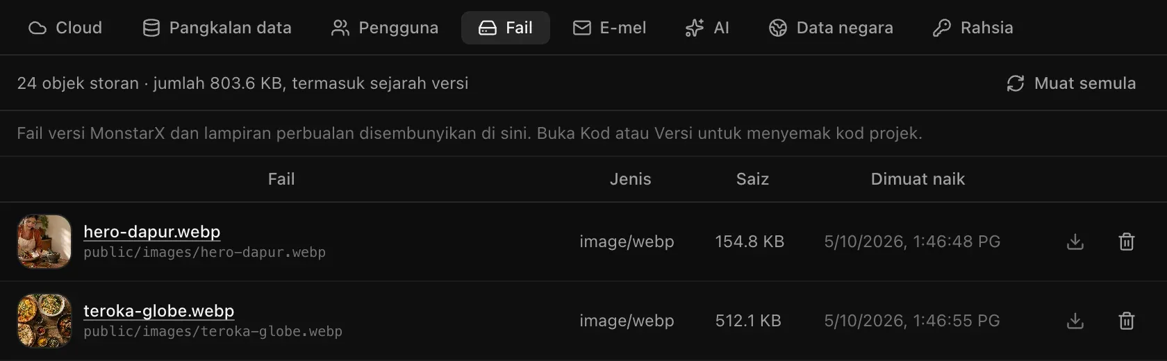 Backend, Fail untuk aplikasi Nota Dapur: 24 objek storan, jumlah 803.6 KB, dengan gambar aplikasi hero-dapur.webp dan teroka-globe.webp di bawah public/images, masing-masing dengan imej kecil, jenis image/webp, saiz, masa dimuat naik, butang muat turun dan butang padam