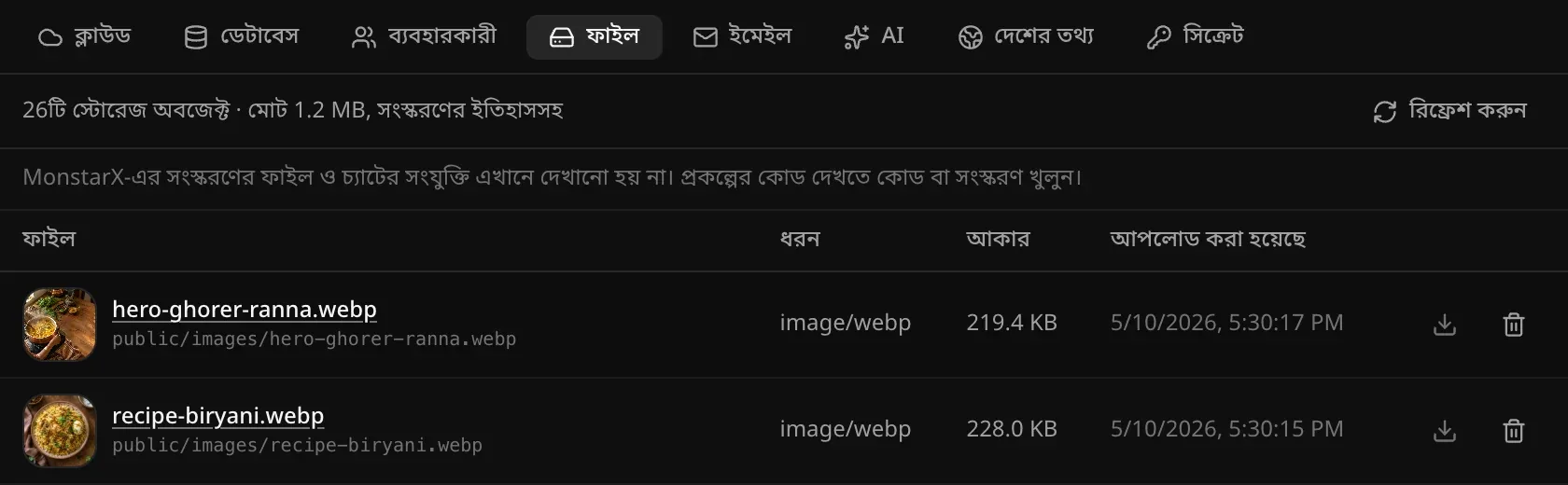 ঘরের রান্না অ্যাপের ব্যাকএন্ডে ফাইল বিভাগ: 26টি স্টোরেজ অবজেক্ট; public/images-এর ভেতরে hero-ghorer-ranna.webp ও recipe-biryani.webp ছবি, প্রতিটির থাম্বনেইল, ধরন image/webp, আকার, আপলোডের সময়, একটি ডাউনলোড বোতাম ও একটি মুছে ফেলার বোতাম