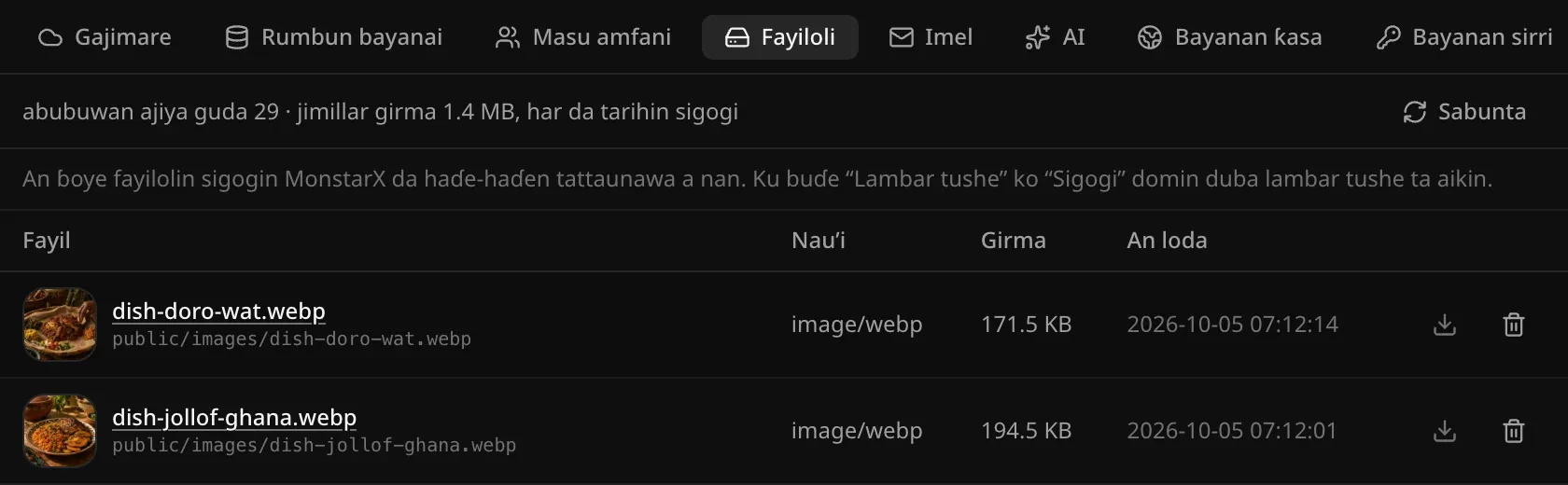 Sabis na gajimare, Fayiloli na Girkin Gida: hotuna biyu da manhajar ta samar a ƙarƙashin public/images, dish-doro-wat.webp da dish-jollof-ghana.webp, kowanne da ƙaramin hoto, nau’in image/webp, girma, lokacin lodawa, maɓallin zazzagewa da maɓallin gogewa