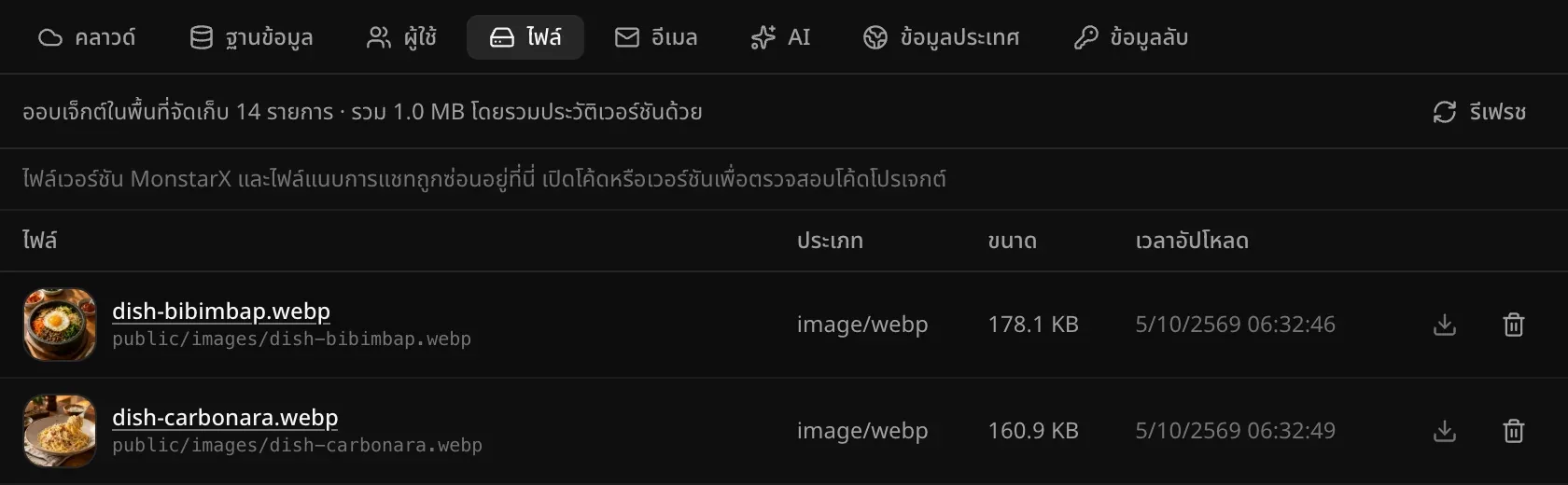 ส่วนไฟล์ในแท็บแบ็กเอนด์ของครัวบ้านเรา มีออบเจ็กต์ในพื้นที่จัดเก็บ 14 รายการ ด้านบนสุดเป็นรูปอาหาร 2 รูปใน public/images (dish-bibimbap.webp และ dish-carbonara.webp) แต่ละรูปมีรูปย่อ ประเภท image/webp ขนาด เวลาที่อัปโหลด ปุ่มดาวน์โหลด และปุ่มลบ