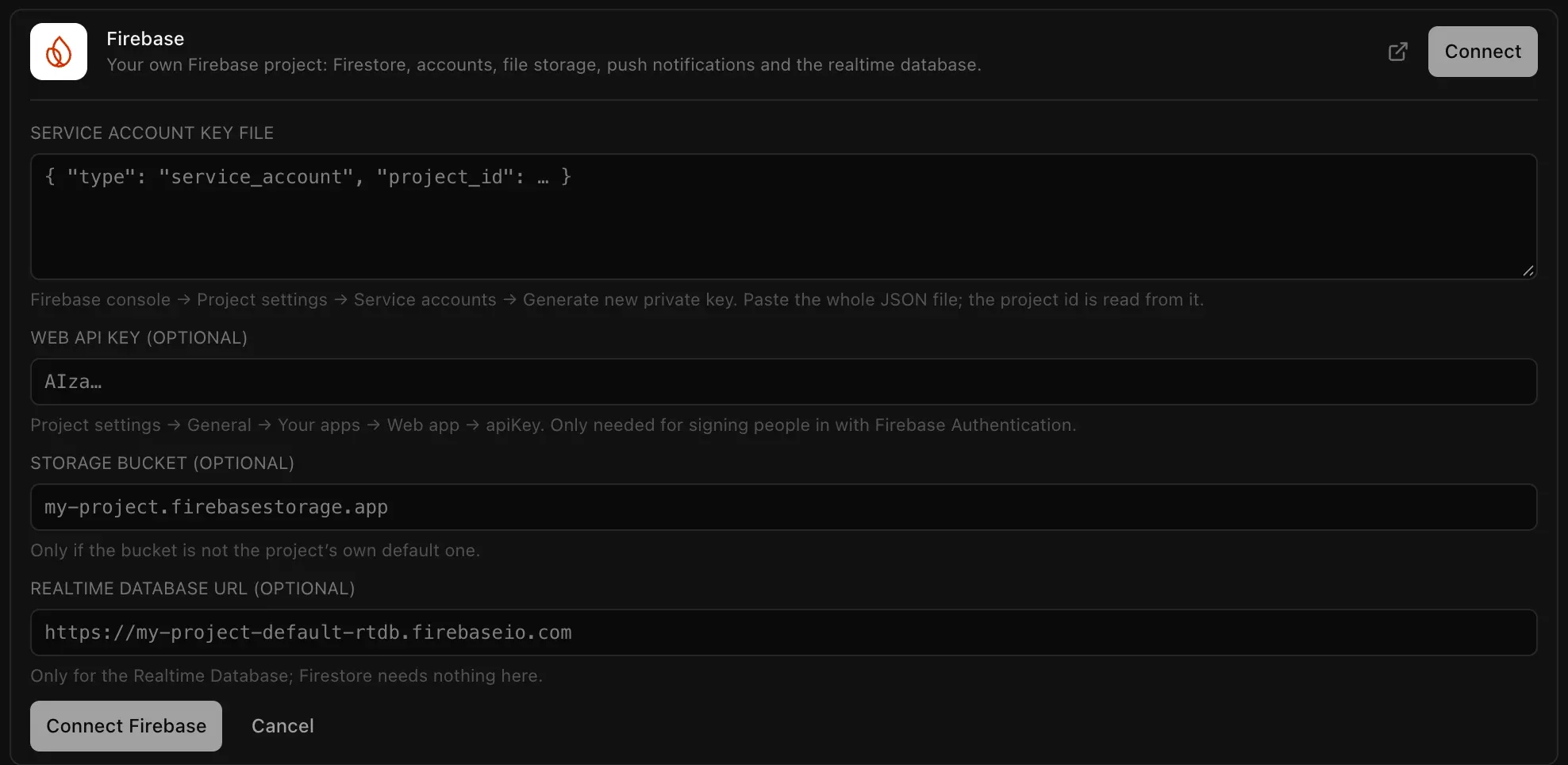 The Firebase connector form: a large Service account key file box, and optional Web API key, Storage bucket and Realtime Database URL fields, with Connect Firebase and Cancel buttons