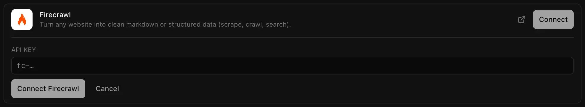 The Firecrawl connector open in Backend, Cloud: Turn any website into clean markdown or structured data (scrape, crawl, search), an API key field and Connect Firecrawl and Cancel buttons