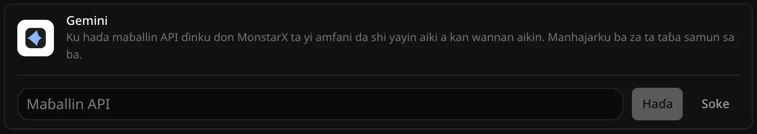 Layin Gemini a buɗe don haɗawa, da filin Maɓallin API babu komai, da maɓallan Haɗa da Soke