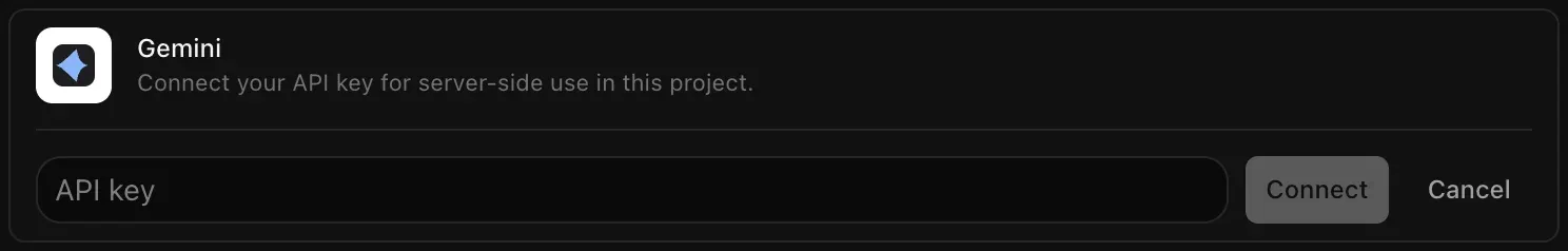 The Gemini row opened for connecting, with an empty API key field and Connect and Cancel buttons