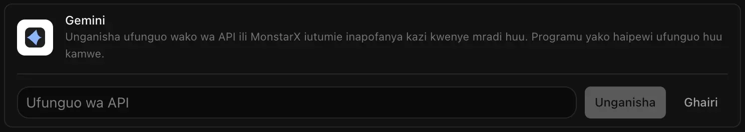 Safu ya Gemini ikiwa wazi kwa ajili ya kuunganisha, ikiwa na sehemu tupu ya Ufunguo wa API na vitufe vya Unganisha na Ghairi