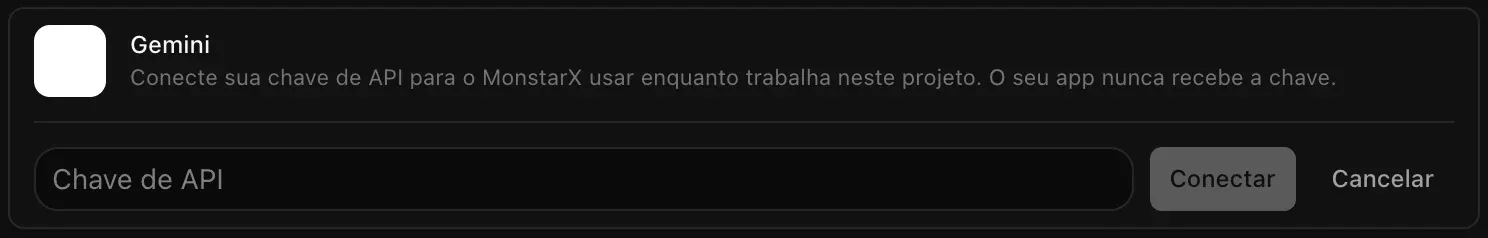 A linha do Gemini aberta para conectar, com o campo Chave de API vazio e os botões Conectar e Cancelar