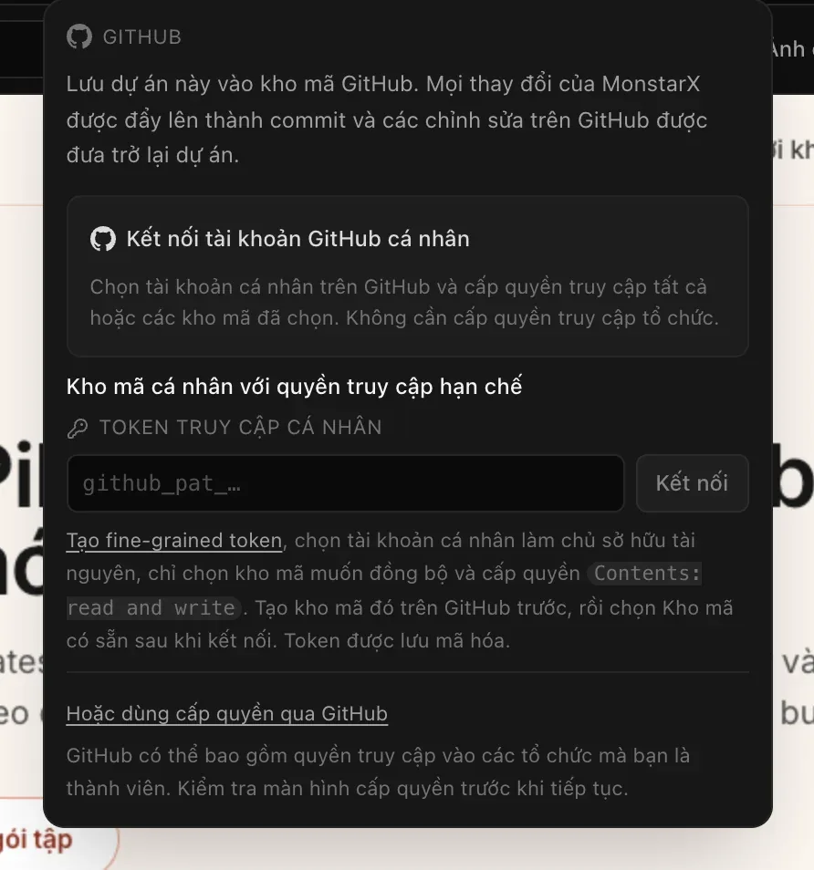 Menu GitHub trong một dự án khi chưa kết nối tài khoản: Lưu dự án này vào kho mã GitHub, Kết nối tài khoản GitHub cá nhân, Kho mã cá nhân với quyền truy cập hạn chế kèm trường token truy cập cá nhân và nút Kết nối, và Hoặc dùng cấp quyền qua GitHub