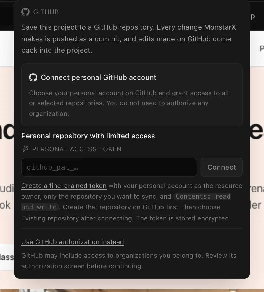 The GitHub menu in a project before an account is connected: Save this project to a GitHub repository, Connect personal GitHub account, a personal access token field with Connect, and Use GitHub authorization instead